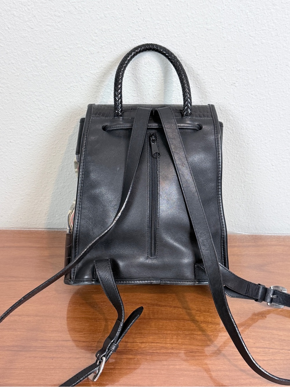 Vintage Brighton Black Croc-Embossed Leather Plaid Backpack - Picture 3 of 10